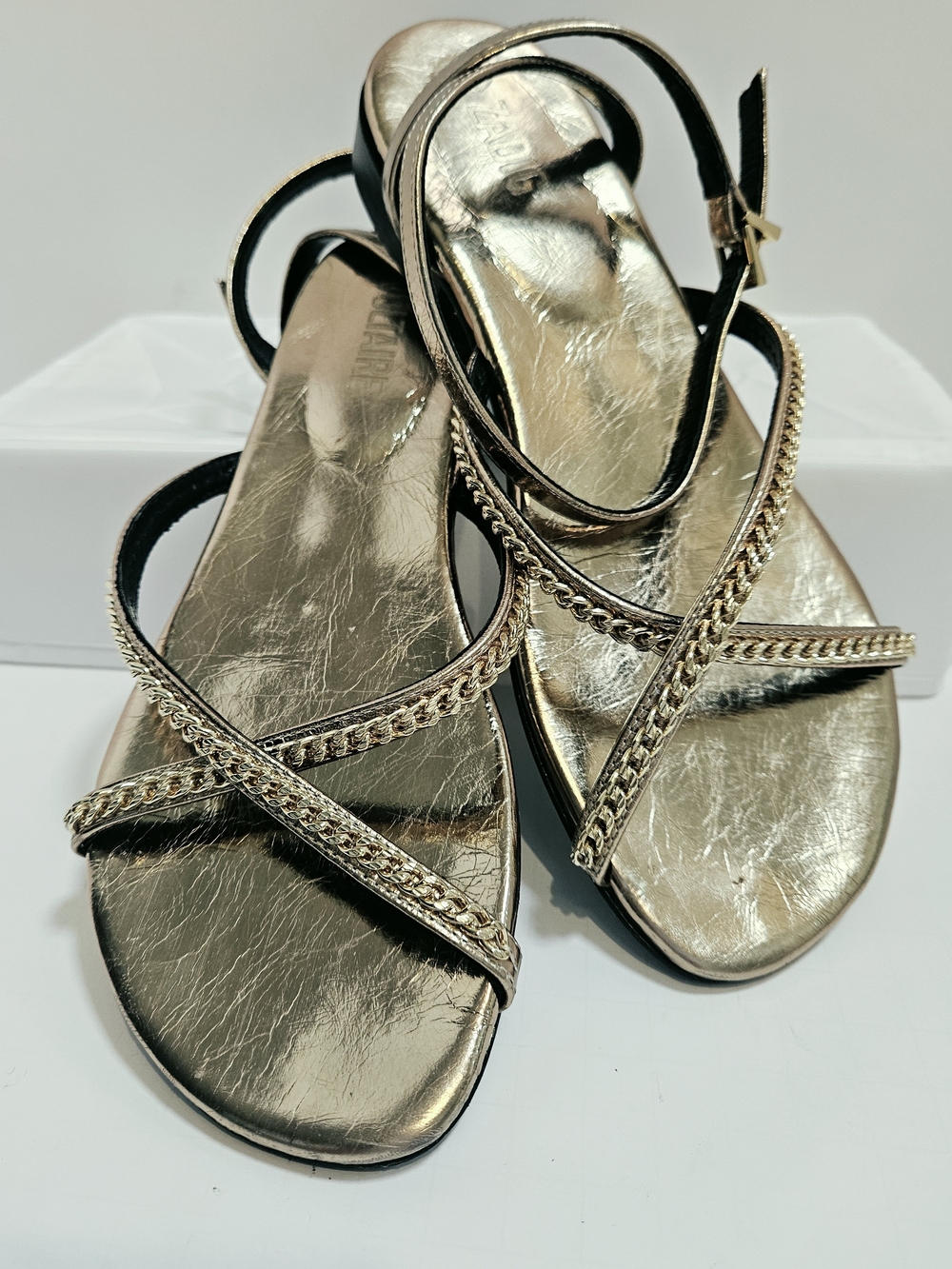 Zadig & Voltaire Rockzy Vintage Gold Metallic Leather Chain Sandals Sz EU 38/ 8